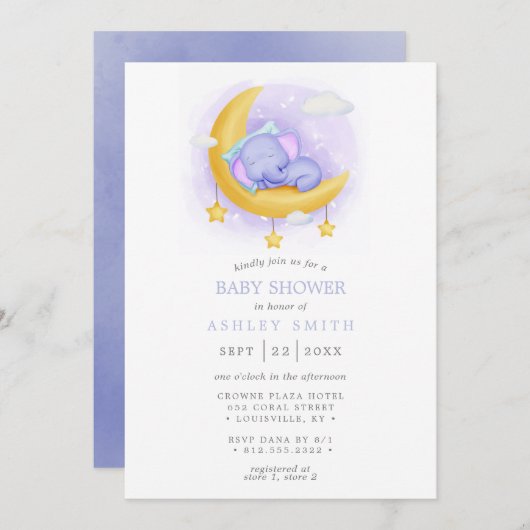 眠い象ムーンウォーター色ベビーシャワー 招待状 (正面/裏面)