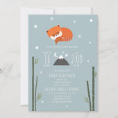 眠い赤いパンダの竹と青い背景の男の子ベビーシャワー 招待状 (正面)