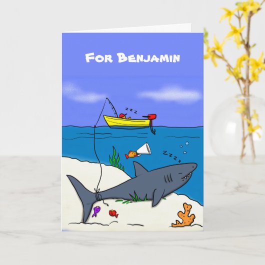 眠おもしろいるサメと魚釣り漫画 カード (黄色い花)