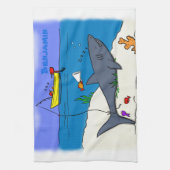 眠おもしろいるサメと魚釣り漫画 キッチンタオル (縦)