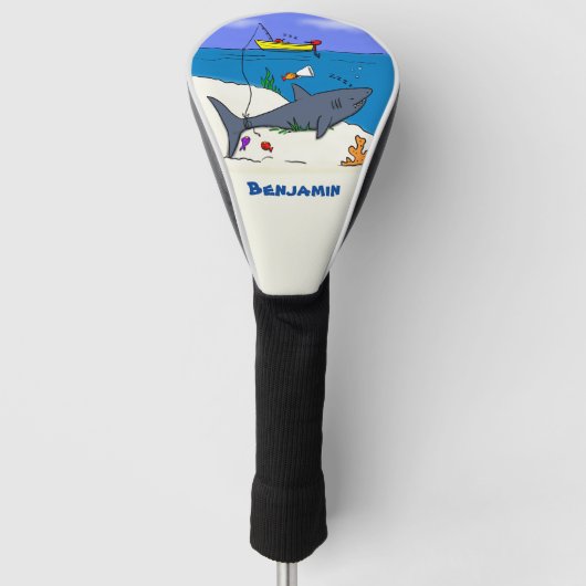 眠おもしろいるサメと魚釣り漫画 ゴルフヘッドカバー (正面)