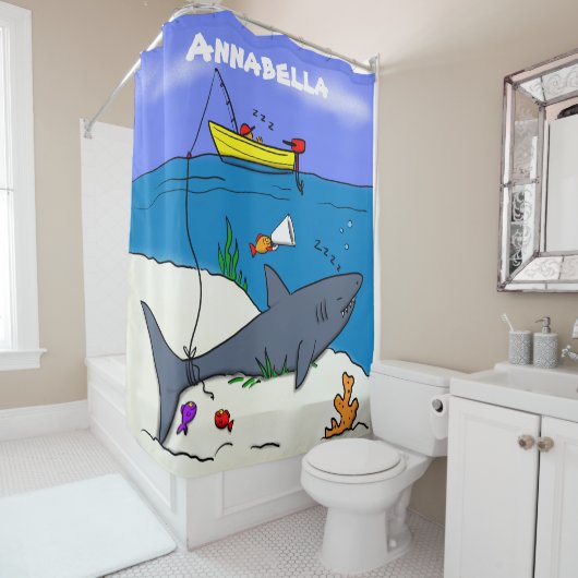眠おもしろいるサメと魚釣り漫画 シャワーカーテン (インサイチュ)