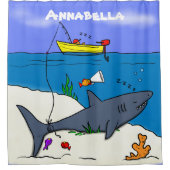 眠おもしろいるサメと魚釣り漫画 シャワーカーテン (正面)