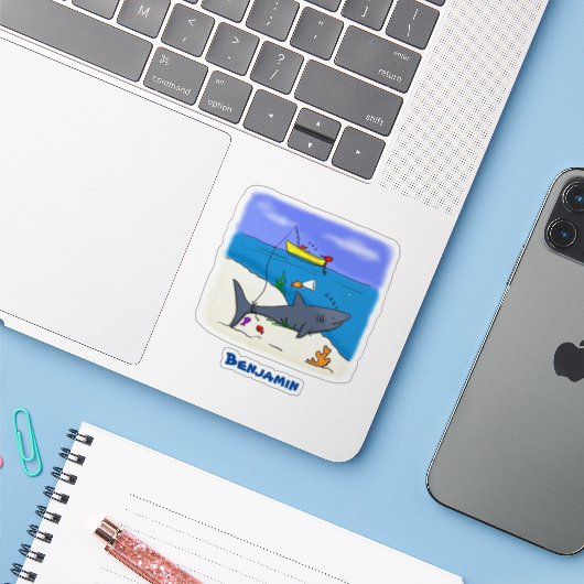 眠おもしろいるサメと魚釣り漫画 シール (ノートパソコンとiPhone)