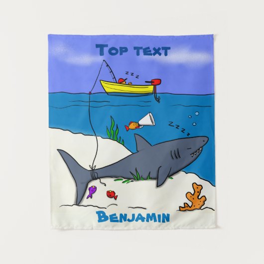 眠おもしろいるサメと魚釣り漫画 タペストリー (正面)