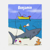 眠おもしろいるサメと魚釣り漫画 フリースブランケット (正面)