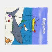 眠おもしろいるサメと魚釣り漫画 フリースブランケット (正面(横))