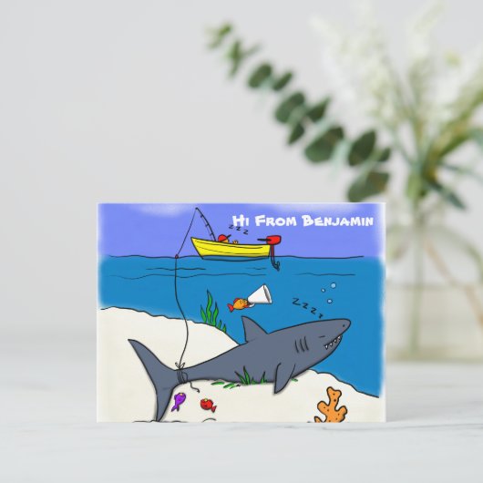 眠おもしろいるサメと魚釣り漫画 ポストカード (スタンド正面)