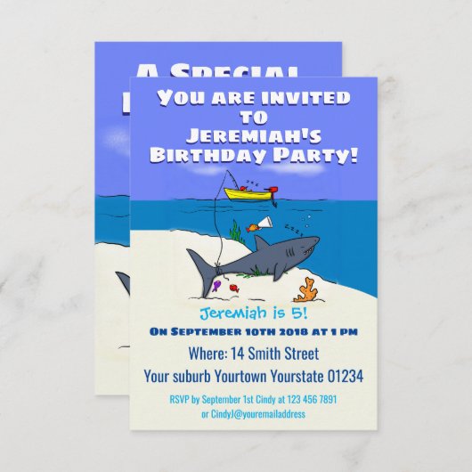 眠おもしろいるサメと魚釣り漫画 招待状 (正面/裏面)