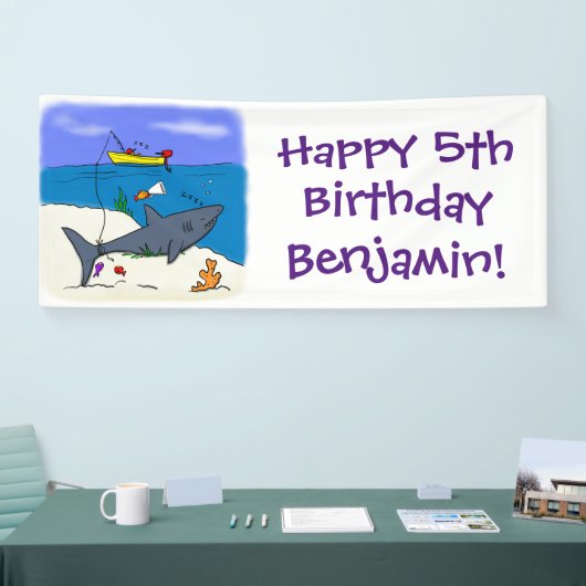 眠おもしろいるサメと魚釣り漫画 横断幕 (トレードショー)