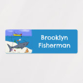 眠おもしろいるサメ魚釣り漫画パーソナライズされた ラベル (デザイン1)