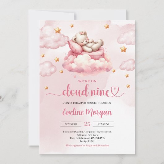 眠おもしろいるテディベア雲9女の子の赤ちゃんシャワー 招待状 (正面)