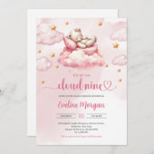 眠おもしろいるテディベア雲9女の子の赤ちゃんシャワー 招待状 (正面/裏面)