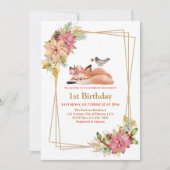 眠かわいらしいキツネ金ゴールドグリッターガール1st誕生日 招待状 (正面)