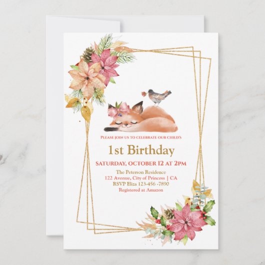 眠かわいらしいキツネ金ゴールドグリッターガール1st誕生日 招待状 (正面)