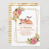 眠かわいらしいキツネ金ゴールドグリッターガール1st誕生日 招待状 (正面/裏面)