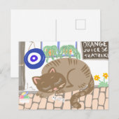 眠そうなギリシャのタベルナの猫の地中海の風景 シーズンポストカード (正面/裏面)