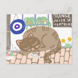 眠そうなギリシャのタベルナの猫の地中海の風景 シーズンポストカード