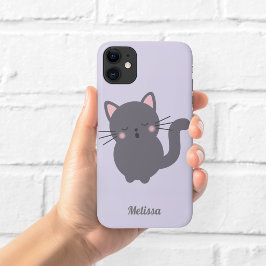 眠そうなグレー猫の紫のスマホケース iPhone 11 ケース