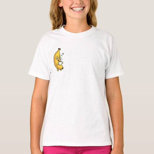 眠そうなバナナがモーニングコーヒーを飲む 子供たち Tシャツ (正面)