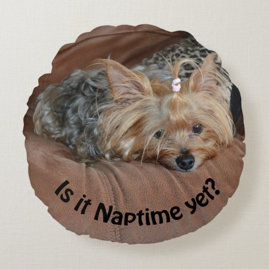 眠そうなヨークシャーテリア、もうお昼寝の時間？ ラウンドクッション (正面)