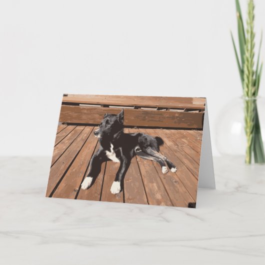 眠そうな子犬を甲板に寝そべらせる黒犬 カード (正面)