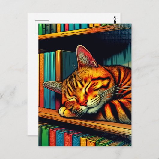 眠そうな漫画風の猫が寝ている ポストカード (正面/裏面)