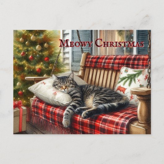 眠そうな猫とクリスマスツリー ポストカード (正面)