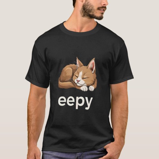 眠そうな猫の面白いミーム Tシャツ (正面)