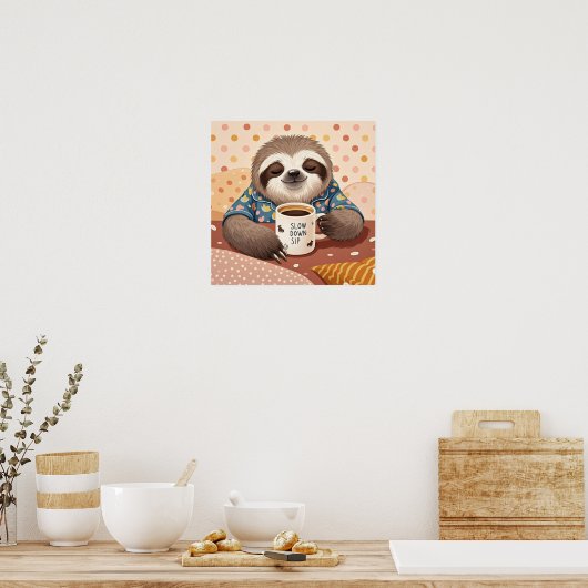 眠たそうな目をした誇張された漫画のナマケモノ ポスター (キッチン)