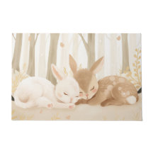 眠っているウサギと森の中で子鹿