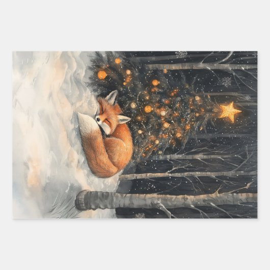 眠っているキツネお洒落素朴クリスマスの切り離 ラッピングペーパーシート (正面2)