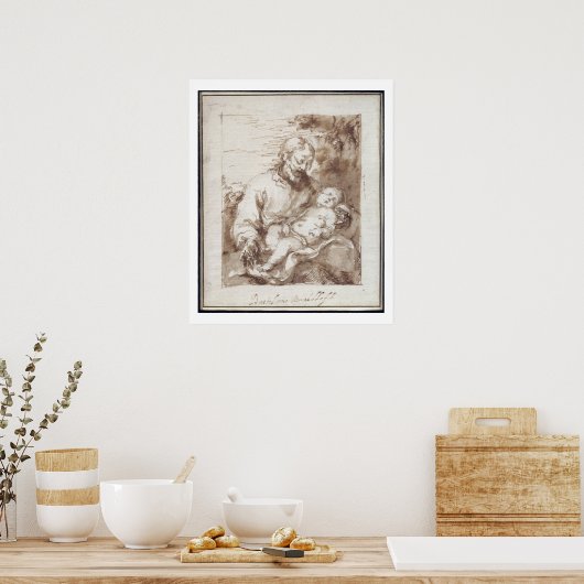 眠っているキリストの子と聖ヨセフ(ペン&b) ポスター (キッチン)