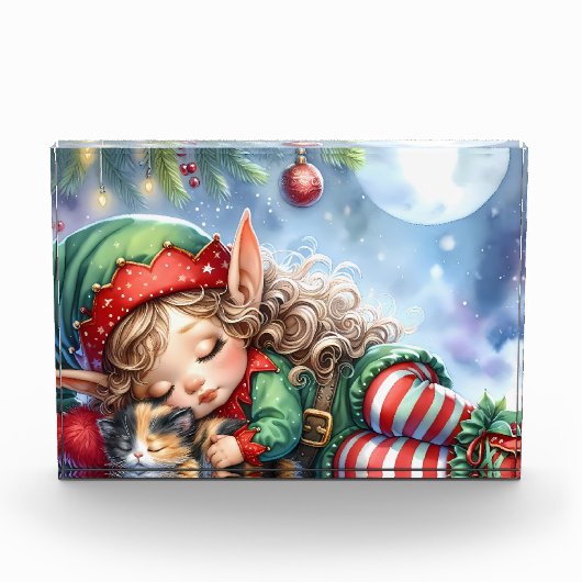 眠っているクリスマスのエルフと三毛猫 フォトブロック (正面)