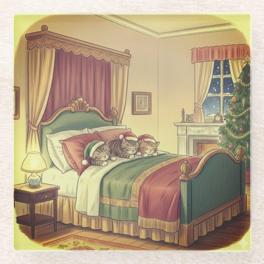 眠っているクリスマスの猫たち グラス コースター (正面)