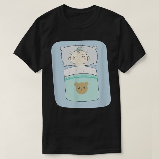 眠っているベビーとクマのイラストレーション Tシャツ (デザイン正面)