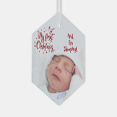 眠っているベビーの写真マイ初めてのクリスマスレッド引用文 ガラスオーナメント (正面右)