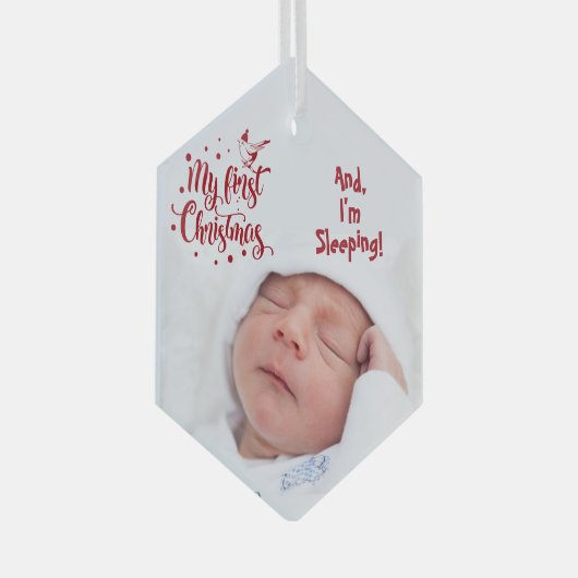 眠っているベビーの写真マイ初めてのクリスマスレッド引用文 ガラスオーナメント (正面右)