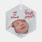 眠っているベビーの写真マイ初めてのクリスマスレッド引用文 ガラスオーナメント (裏面)