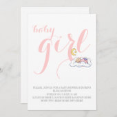 眠っているベビーガールシャワーエレガント文字ピンク 招待状 (正面/裏面)