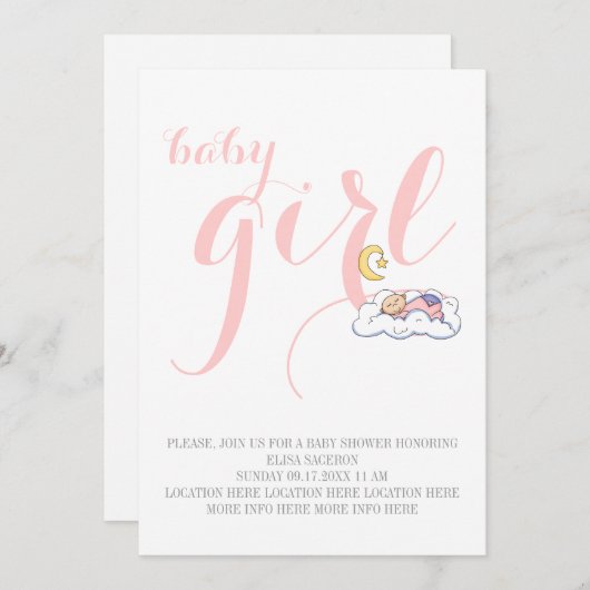 眠っているベビーガールシャワーエレガント文字ピンク 招待状 (正面/裏面)