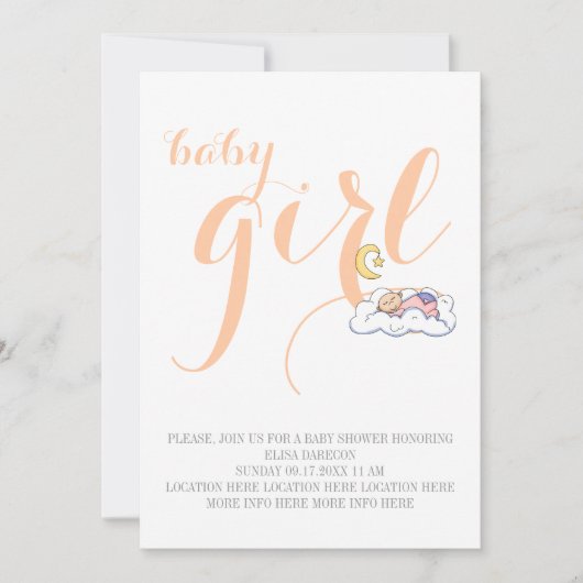眠っているベビーガールシャワーピーチ文字 ミニマル 招待状 (正面)