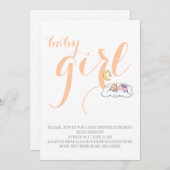眠っているベビーガールシャワーピーチ文字 ミニマル 招待状 (正面/裏面)