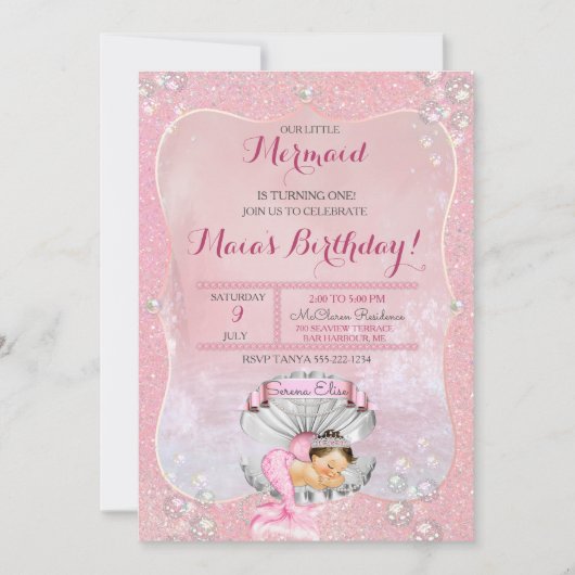 眠っている人魚の女の子ピンク真珠の貝 招待状 (正面)