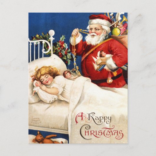 眠っている女の子と懐かしいヴィンテージサンタ シーズンポストカード (正面)