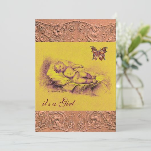 眠っている子供、蝶の黄色のピンクの赤ちゃんシャワー 招待状 (スタンド正面)