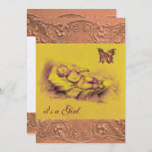 眠っている子供、蝶の黄色のピンクの赤ちゃんシャワー 招待状 (正面/裏面)