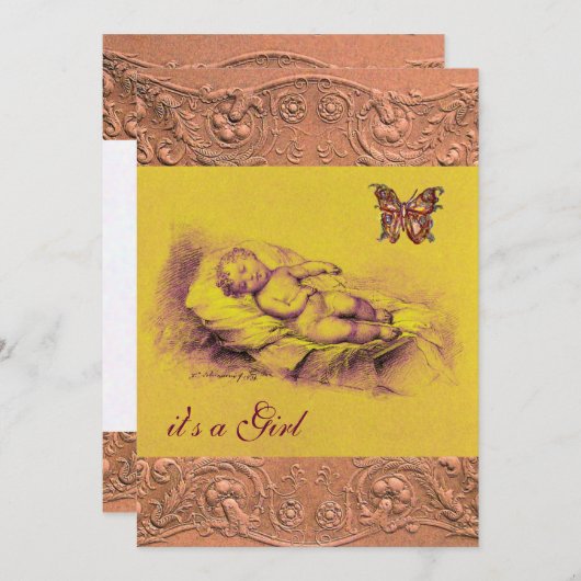 眠っている子供、蝶の黄色のピンクの赤ちゃんシャワー 招待状 (正面/裏面)