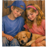 眠っている子犬と二人の子供 シャワーカーテン (正面)