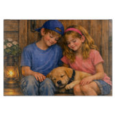 眠っている子犬と子供たちのガラス製カッティングボード カッティングボード (正面)